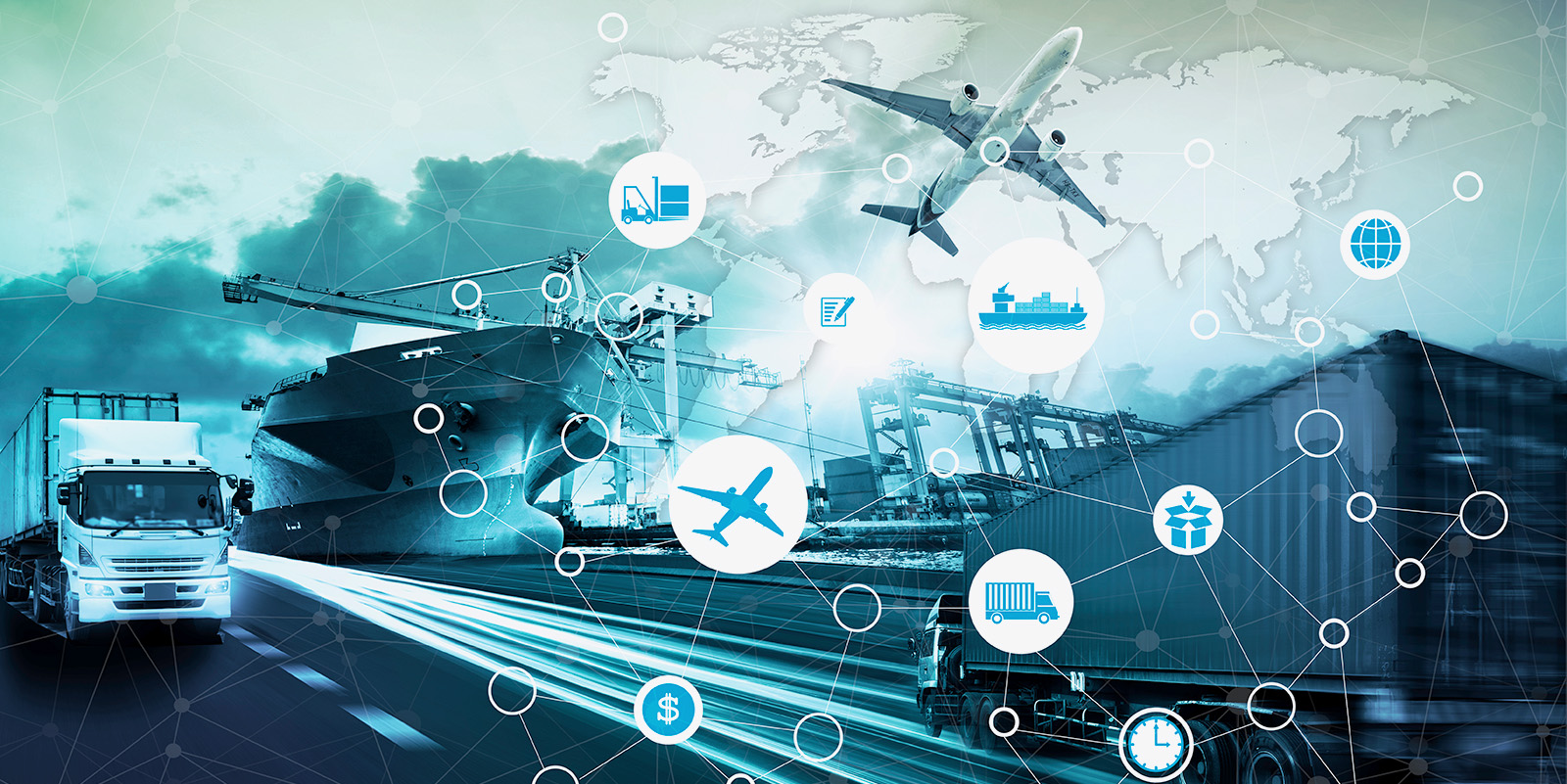 World map with logistic network distribution on background Logistic and transport concept in front Logistics Industrial Container Cargo freight ship for Concept of fast or instant shipping Online goods orders worldwide
